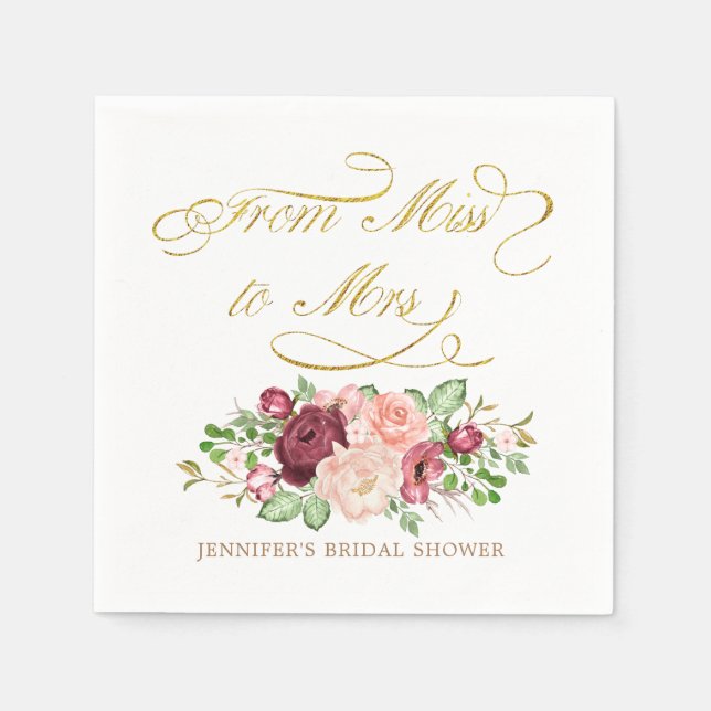 from miss to mrs floral calligraphy gold monogram napkin (Front)