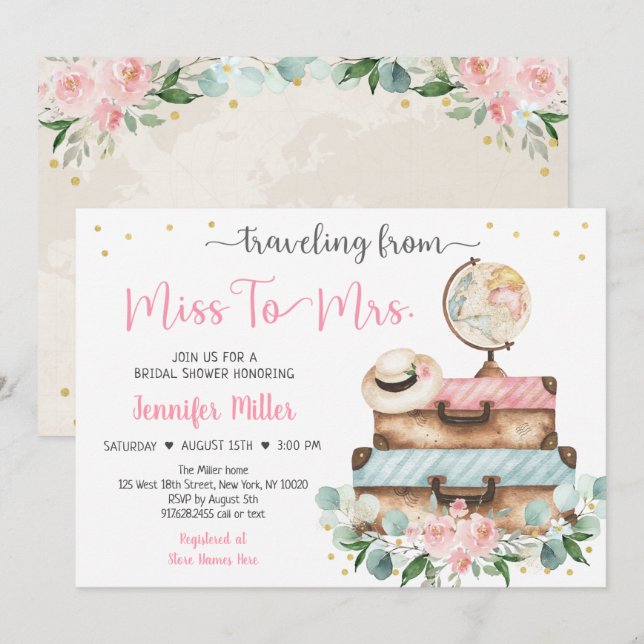From Miss To Mrs Pink Floral Travel Bridal Shower  Invitation (Front/Back)