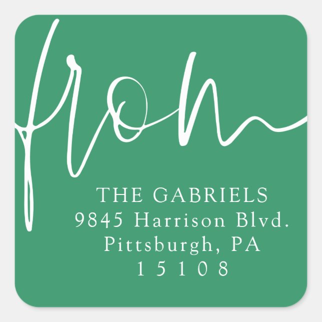 From modern script green return address square sticker (Front)