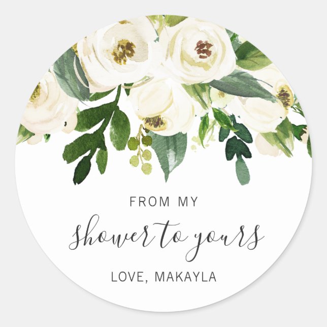 From My Shower Elegant White Floral Bridal Shower Classic Round Sticker (Front)