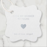 From My Shower To Yours Silver Foil Bridal Shower Favour Tags<br><div class="desc">Modern bridal shower favour tags with a simple design featuring the message, "From My Shower To Yours" with a heart and your name. All design elements are in real silver foil over a white background. These chic and contemporary tags are perfect for the minimalist bride and add a classy touch...</div>