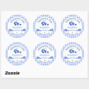 From NAME Kitchen with Love Blueberry Blue Check Classic Round Sticker