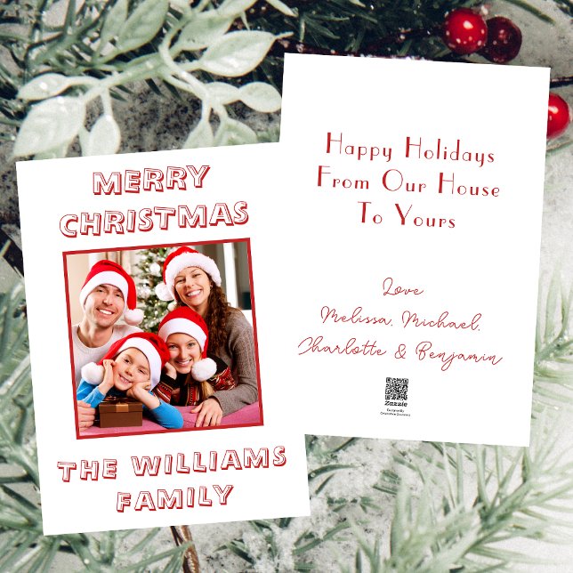 From Our House To Yours Family Photo Red & White Holiday Card (Front And Back)