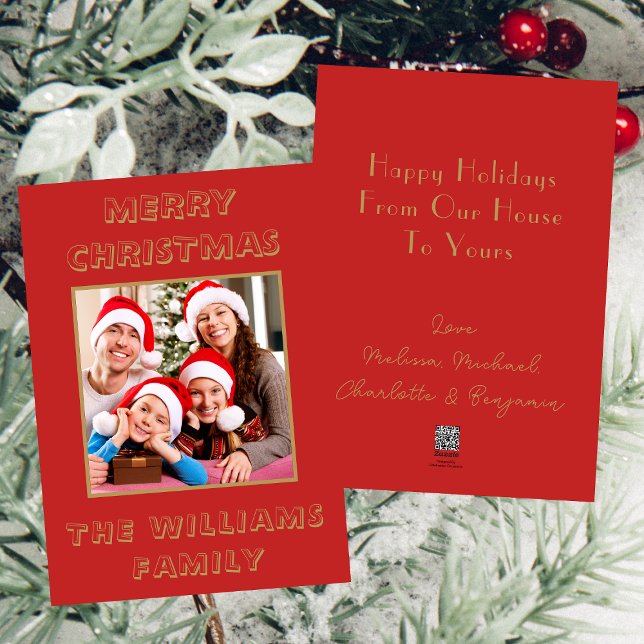 From Our House To Yours Red & Gold Christmas Photo Holiday Card (Front And Back)
