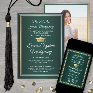 From Parents Photo Graduation Green Gold and White Announcement