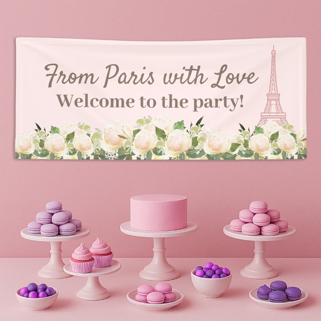 From Paris Love Eiffel Tower Pink White Floral Banner ("From Paris with Love" blush pink Eiffel Tower banner)