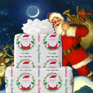 From Santa Claus Add Kid's Name Christmas Wreath Wrapping Paper