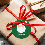 From Santa Cute Custom Green Kids Christmas Gift<br><div class="desc">Customise these cute Santa Claus round gift tags with your own personalised text with your kids name in white script. Santa's red hat and white beard are the perfect holiday drawing on this pretty green gift tag for your presents.</div>