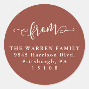 From script classic terracotta return address round sticker
