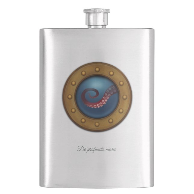 "From the depths of the sea" Ship Porthole Octopus Hip Flask (Front)