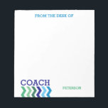 From The Desk Of Coach Masculine Chevron Trendy Notepad<br><div class="desc">From The Desk Of Coach Masculine Chevron Trendy Personalised Notepad. A fun customised gift for your favourite coach. Personalise these notes in shades of blue and green. Chevron stripe blues and greens underneath the word COACH in dark blue is perfect for a coach of any sport. Colourful personalised notepads for...</div>