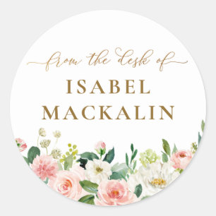 From The Desk Of Pale Blush Pink Floral Botanical Classic Round Sticker