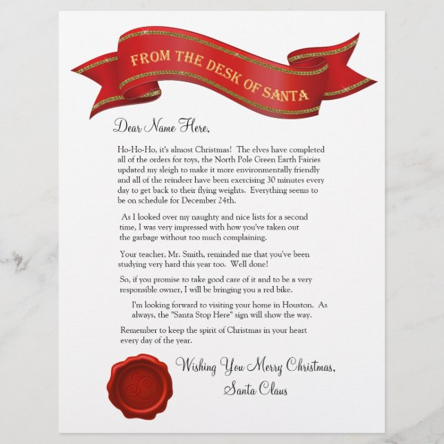 From the Desk of Santa Letter with Seal - editable (Front)