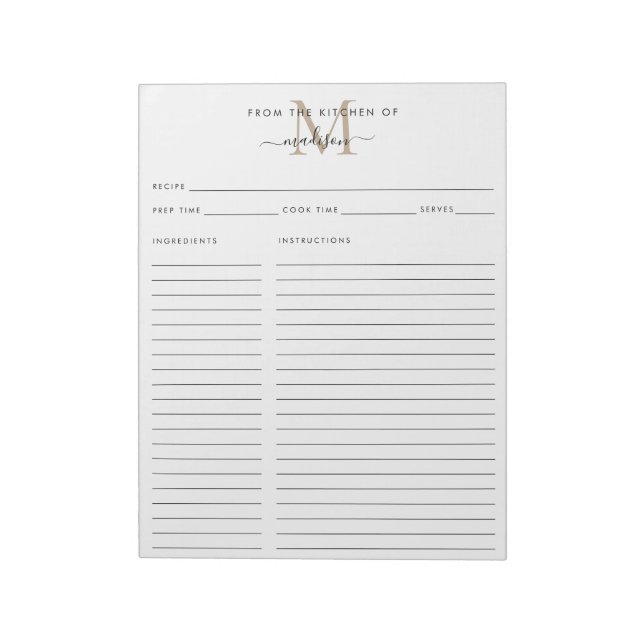 From the Kitchen Of Gold Monogram Recipe Sheet Notepad (Rotated)