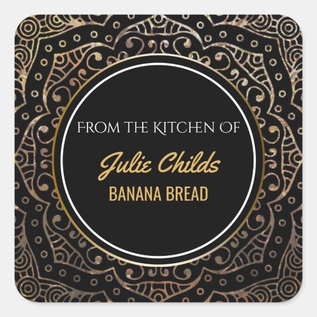 From the Kitchen Of Name Black Gold Boho Mandala Square Sticker (Front)