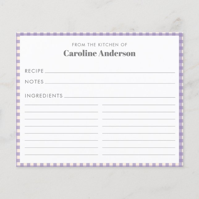 From The Kitchen of Name Lilac Plaid Recipe Card  (Front)