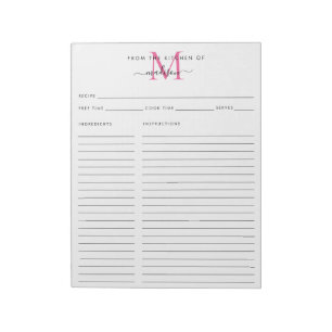 From the Kitchen Of Pink Monogram Recipe Sheet Notepad