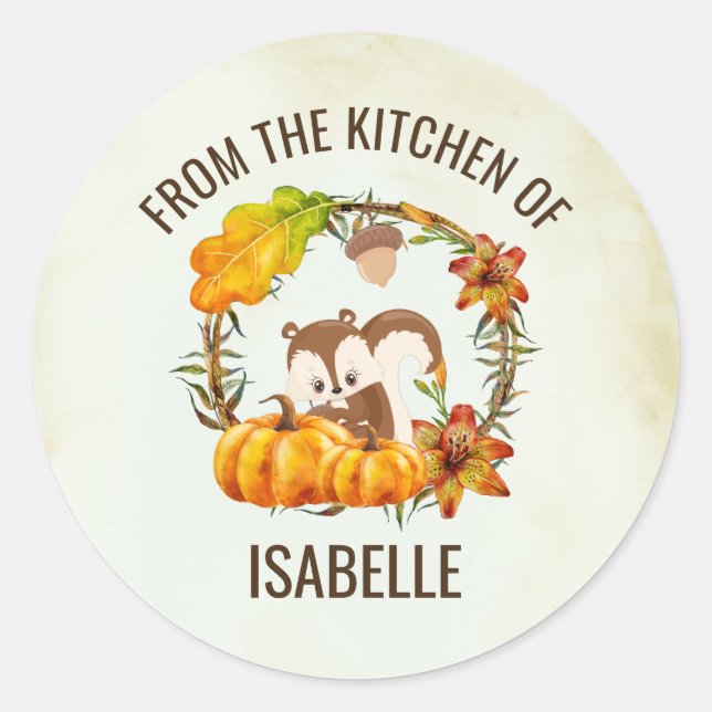 From the Kitchen of Squirrel in Floral Wreath Fall Classic Round Sticker (Front)
