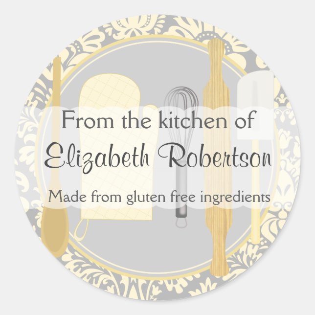 From The Kitchen Yellow Damask Classic Round Sticker (Front)