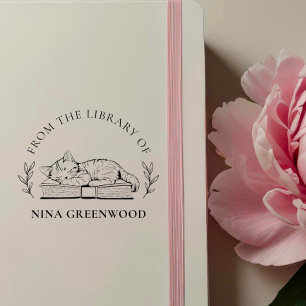 From the Library Of   Cat on Book & Elegant Leaves Self-inking Stamp