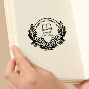 From The Library Of Elegant Botanical Wreath Book Rubber Stamp