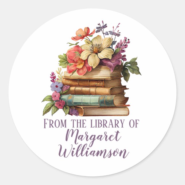 From The Library Of Floral Book Classic Round Sticker (Front)