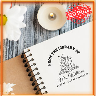 From The Library Of   Flowers Vintage Teacher Book Self-inking Stamp
