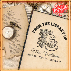 From The Library Of   Funny Book Worm Teacher  Self-inking Stamp