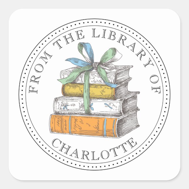 From The Library Of Illustrated Bookplate Square Sticker (Front)