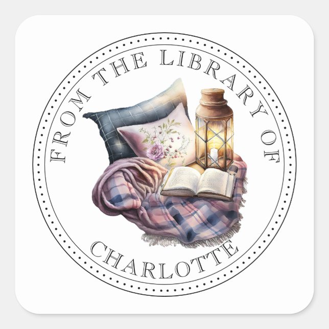 From The Library Of Illustrated Bookplate Square Sticker (Front)