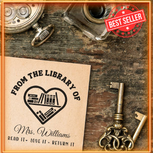 From The Library Of -Love Heart Book Shelf Teacher Self-inking Stamp