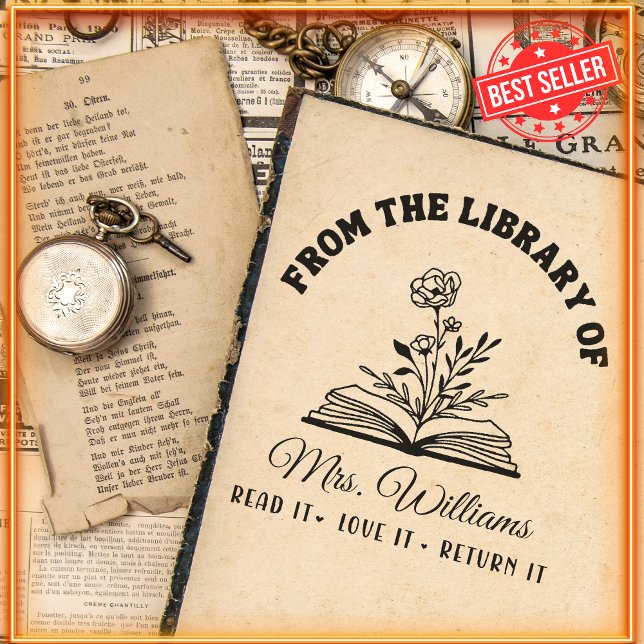 From The Library Of | Rose Flower on Book Teacher Self-inking Stamp (Creator Uploaded)