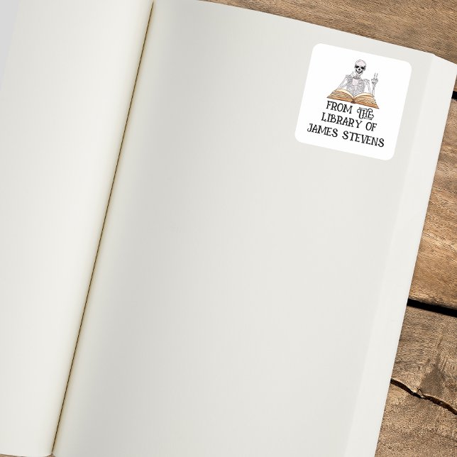 From The Library Of Skeleton Reading Book Lover  Square Sticker (From the library of sticker)