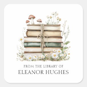 From The Library Of Watercolor Floral Bookplate Square Sticker