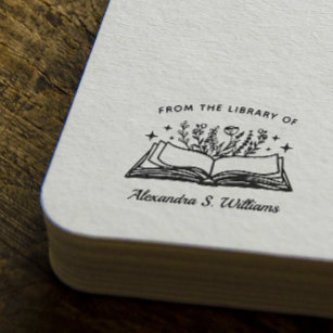 From The library of Your Name Opened Book Flower Rubber Stamp