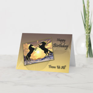 From us all, a Birthday card with rearing horses