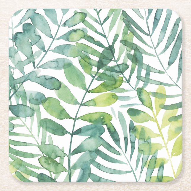 Frond Waltz - Palm Frond Leaves Square Paper Coaster (Front)