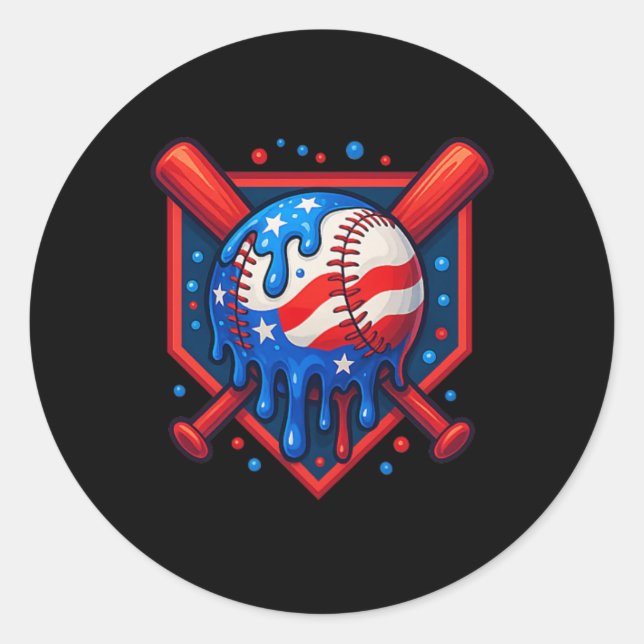 (front And Back) Baseball Drip Ice Cream 4th Of Ju Classic Round Sticker (Front)