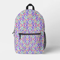 Front and back view of a backpack with a colourful