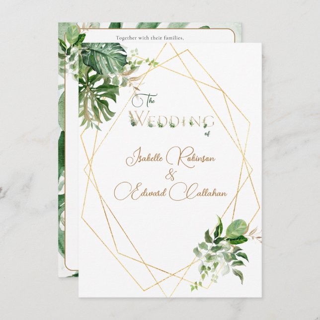 Front & Back Green Tropical Leaves Gold Geometric Invitation (Front/Back)