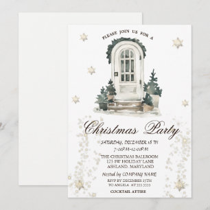 Front Door Pine Tree Gold Snowflakes Party  Invitation