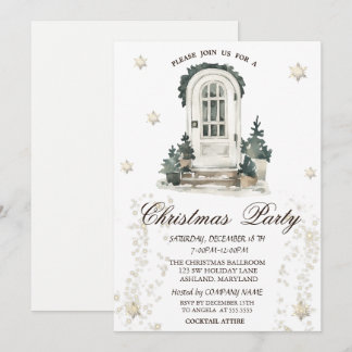 Front Door Pine Tree Gold Snowflakes Party Invitation