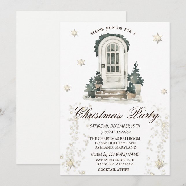 Front Door Pine Tree Gold Snowflakes Party  Invitation (Front/Back)