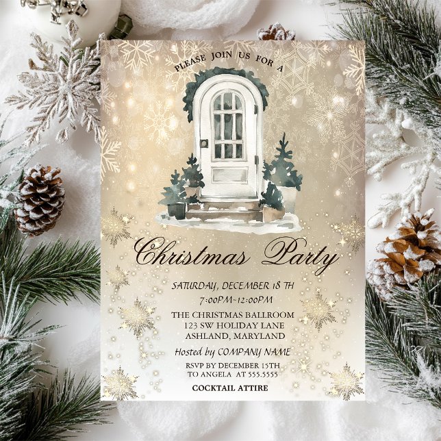 Front Door Pine Tree Snowflakes Gold Party  Invitation (Creator Uploaded)