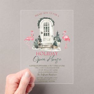 Front Door Pink Flamingos Holiday Open House Acrylic Invitations