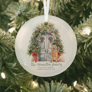 Front Door With Golden Retriever Christmas Glass Tree Decoration
