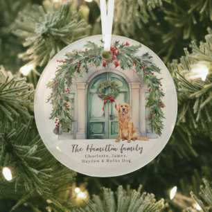 Front Door With Golden Retriever Christmas Glass Tree Decoration