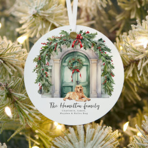 Front Door With Yellow Labrador Christmas Metal Tree Decoration