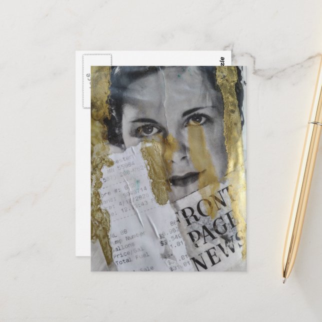 Front Page News lady Mixed media collage Postcard (Front/Back In Situ)