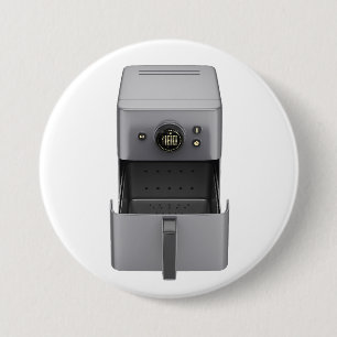 Front view of an open, empty air fryer 7.5 cm round badge